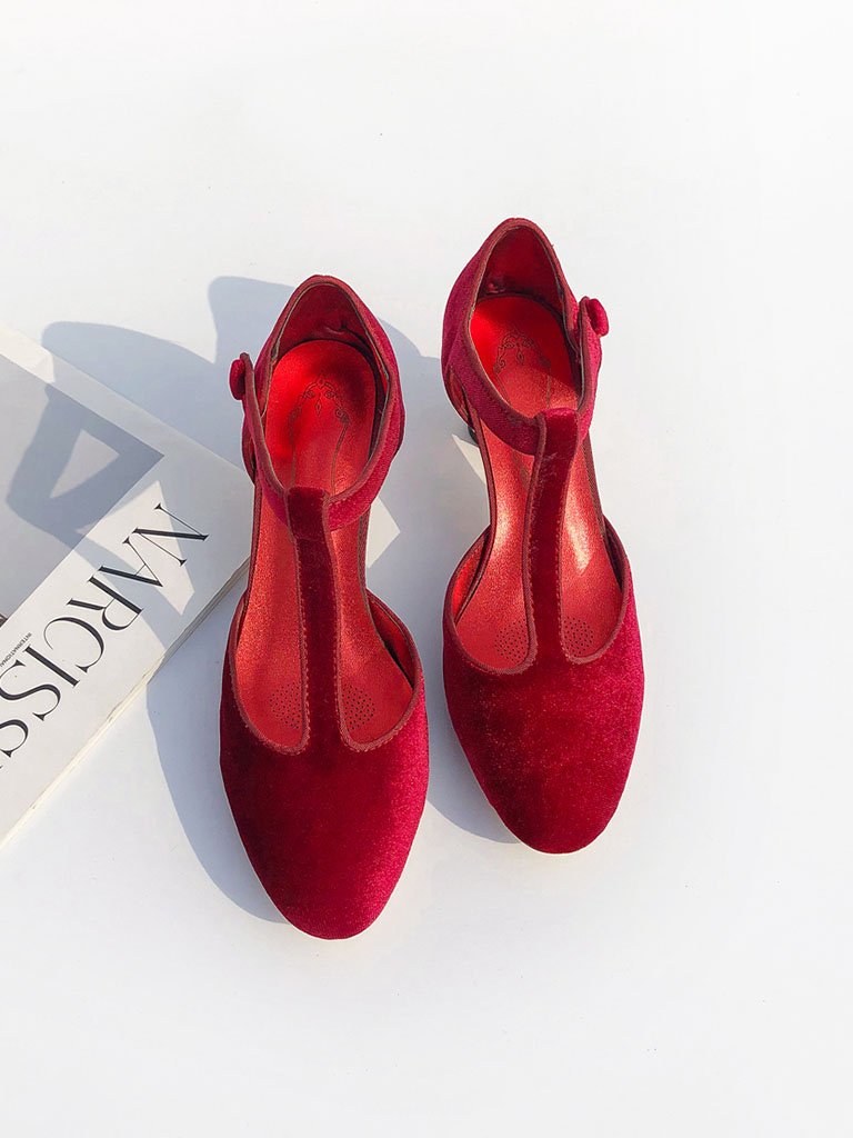 Velvet Rhinestone Chunky Heel  Vintage Shoes