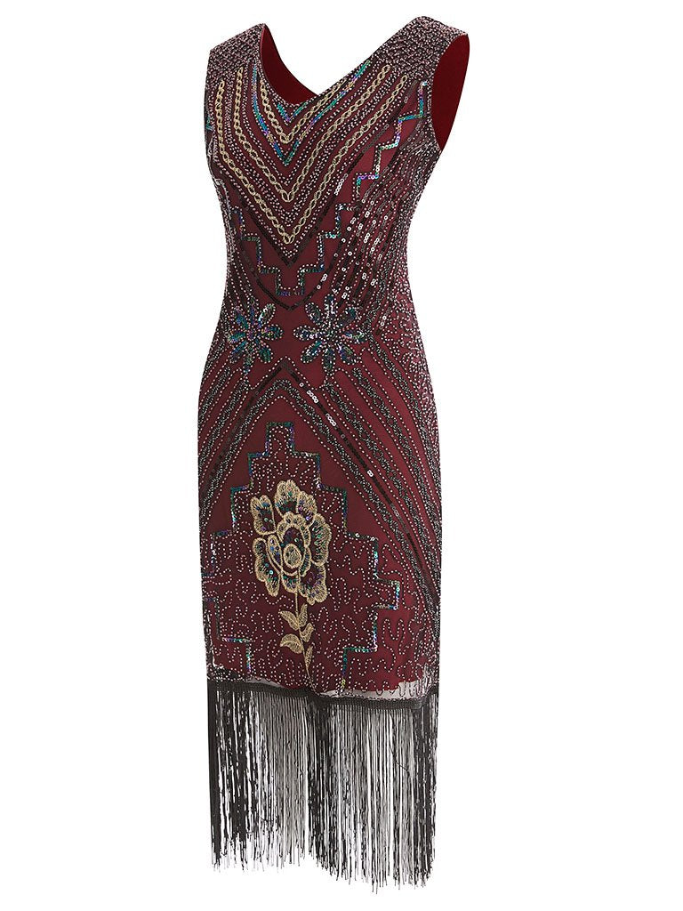 Wine Red 1920s V Neck Sequined Flapper Dress