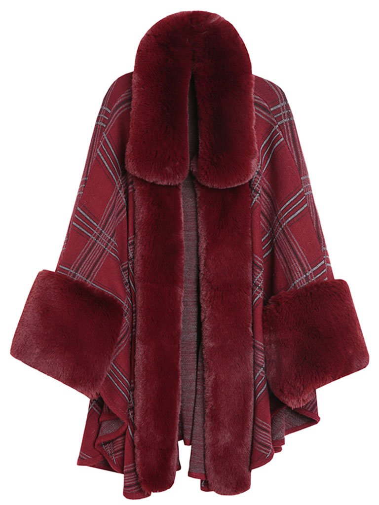 Plaid Poncho Sweater Faux Fur Coat Shawl Collar