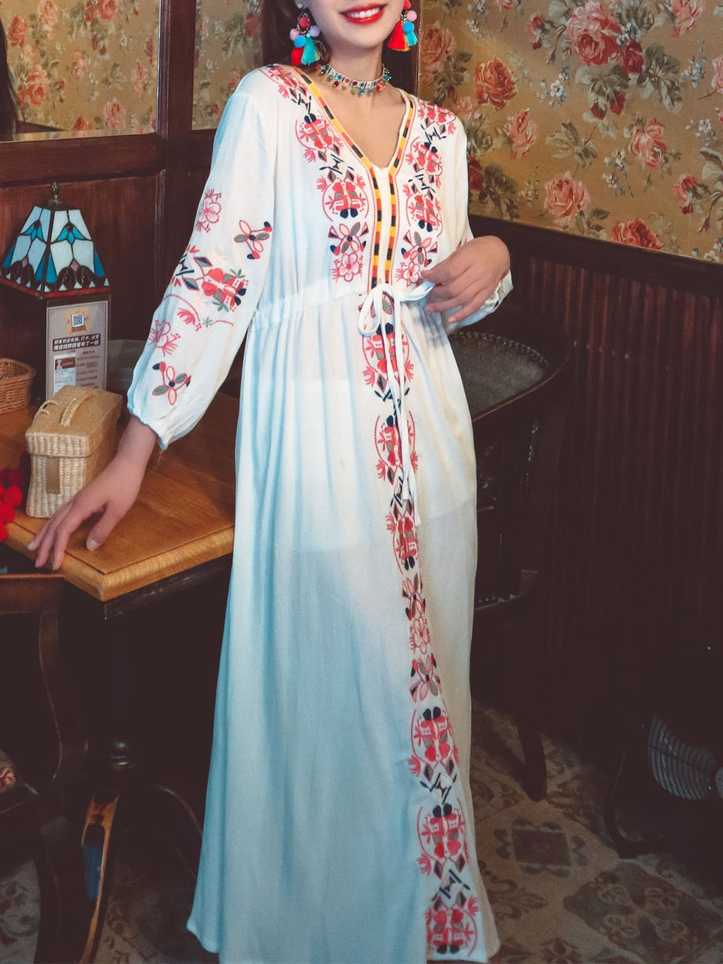 Bohemian Embroidered Floral V Neck Long Sleeve Cotton Boho Maxi Dress