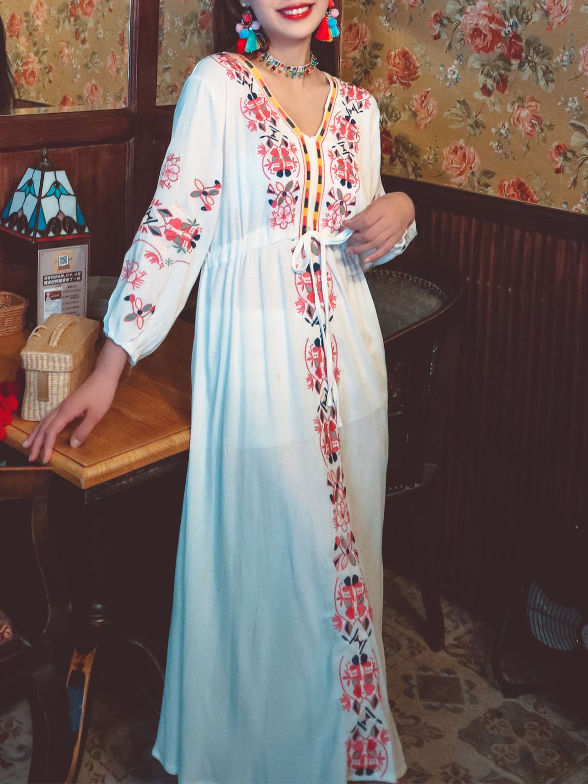Bohemian Embroidered Floral V Neck Long Sleeve Cotton Boho Maxi Dress