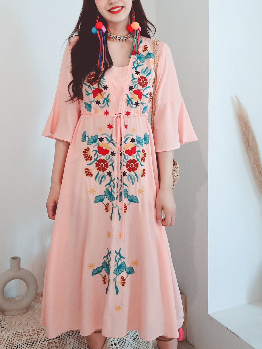Cotton Embroidered Floral Square Neck Flared Half Sleeve Maxi Boho Dress