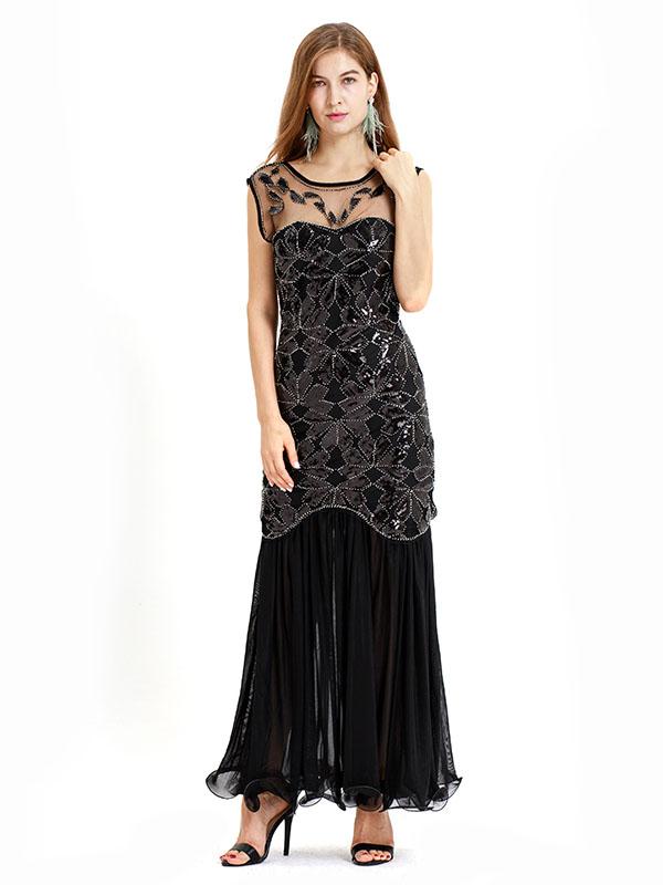 Black Gold 1920s Crew Neck Sequined Flapper Dres