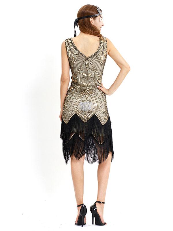 Wine Red 1920s V Neck Sequined Fringed Flapper Dres