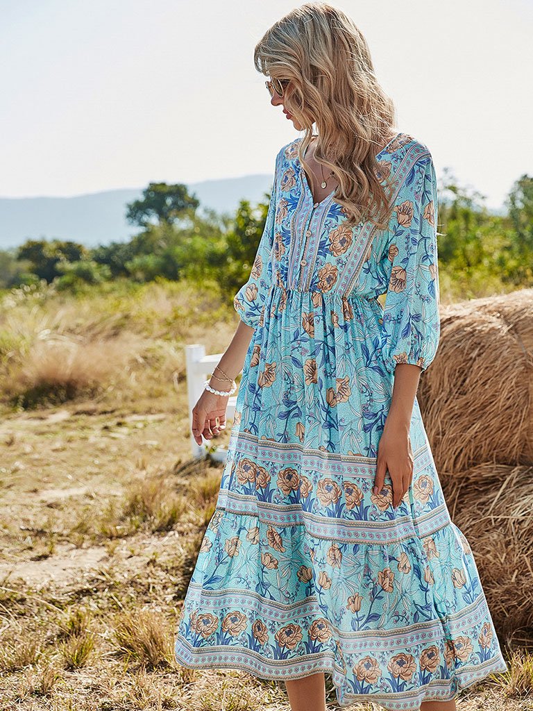 Floral Boho Dress Half Sleeve V Neck Beach Party Dress