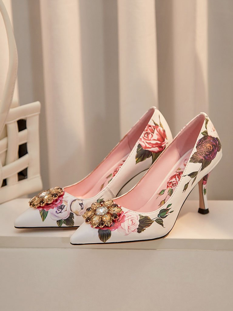 Rose Print Rhinestone Stiletto Heel Vintage Shoes
