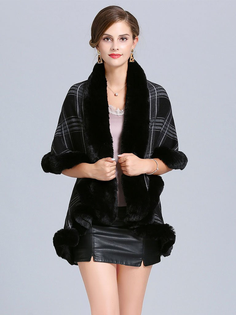 Poncho Wrap Faux Fur Collar Double Layer