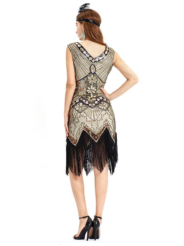 Black Silver 1920s V Neck Sequined Flapper Dres