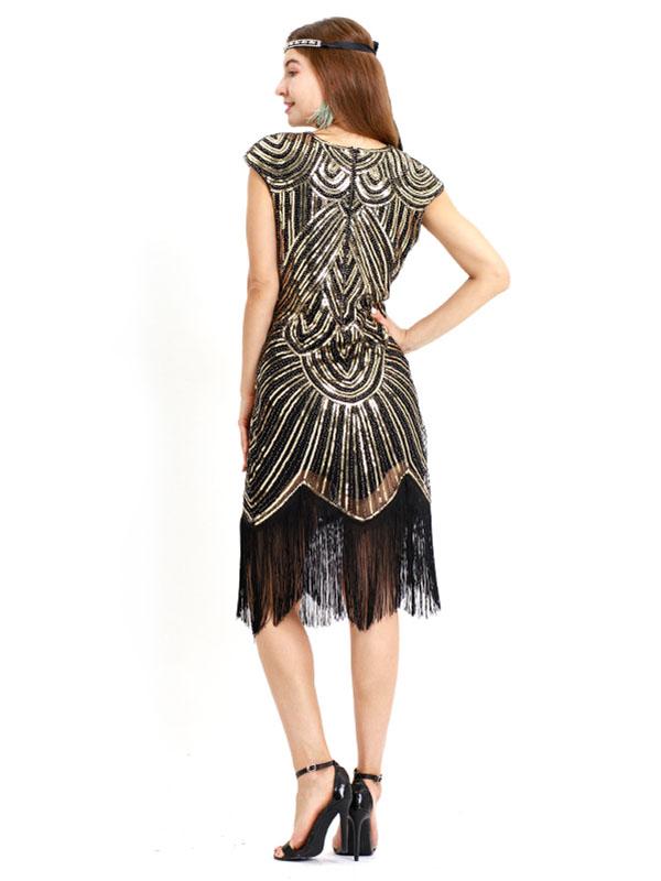 Gold 1920s Crew Neck  Cape Sequined Fringed Flapper Dres