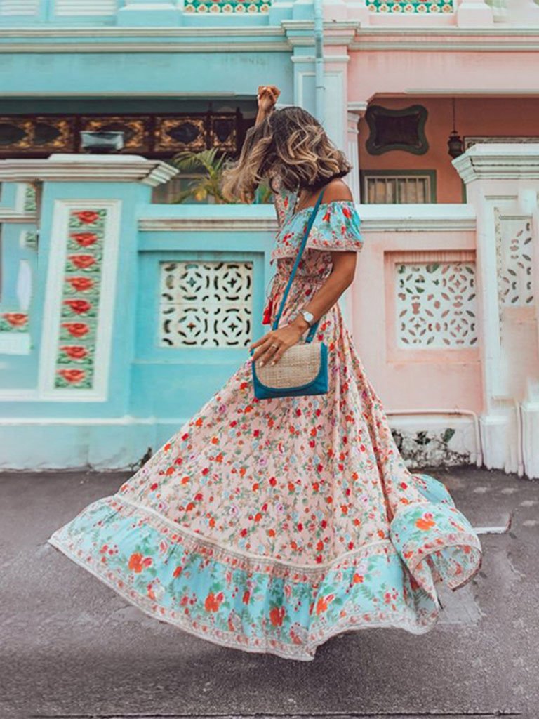 Summer Boho Dress Floral Printed V Elastic Band Collar Beach Maxi Dress