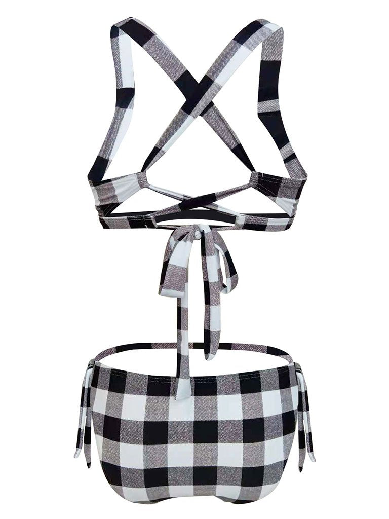 High Waisted Retro Style Backless Plaid Two Pieces Bikini Sets