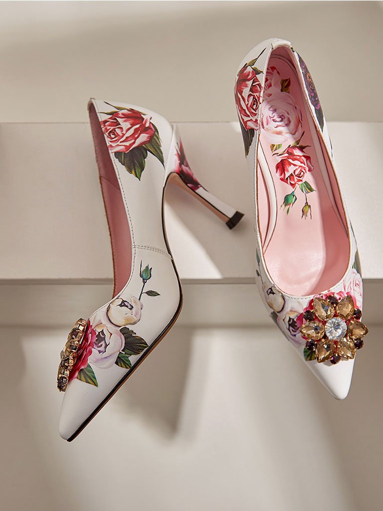 Rose Print Rhinestone Stiletto Heel Vintage Shoes