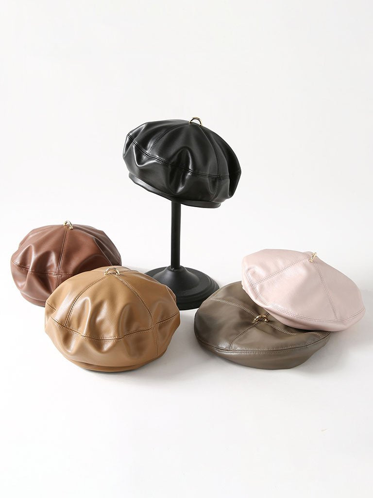 Faux Leather Beret Beanie Hat Cap