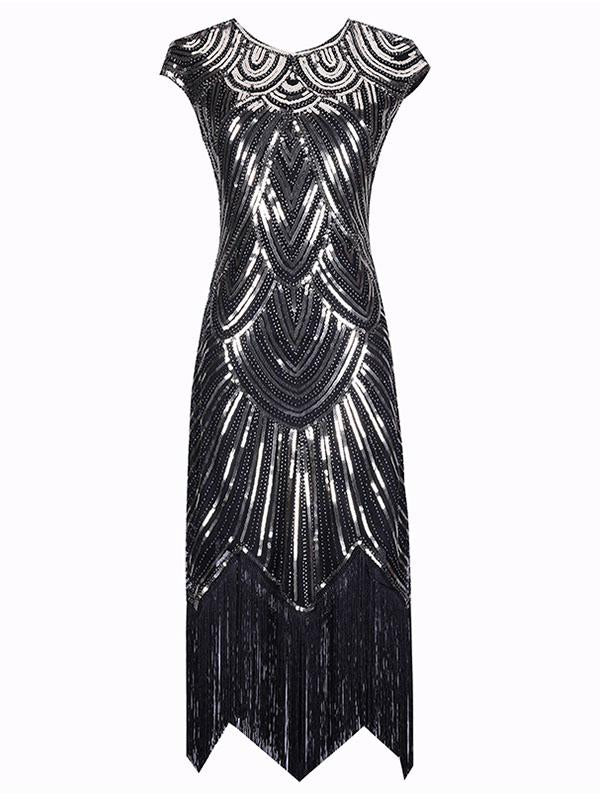 Gold 1920s Crew Neck  Cape Sequined Fringed Flapper Dres