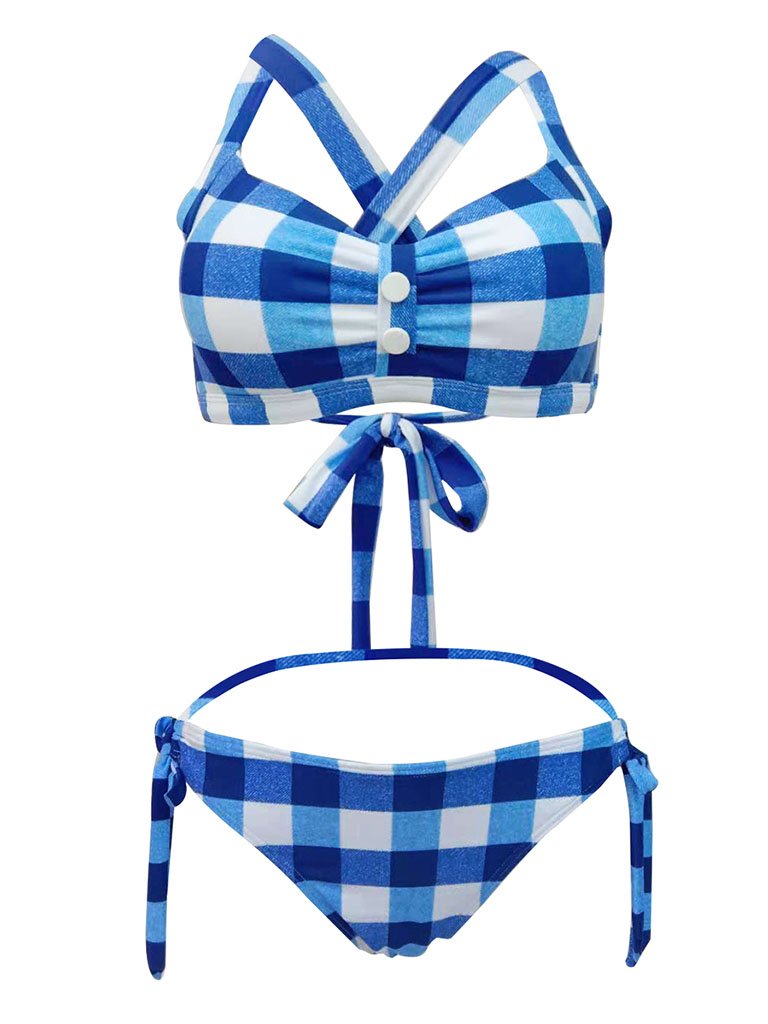 High Waisted Retro Style Backless Plaid Two Pieces Bikini Sets