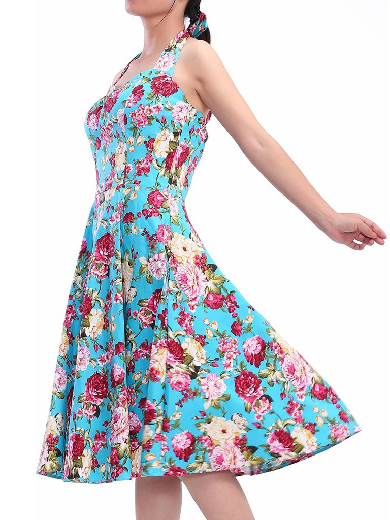 Sweet Floral Halter Cotton 50s Swing Dress