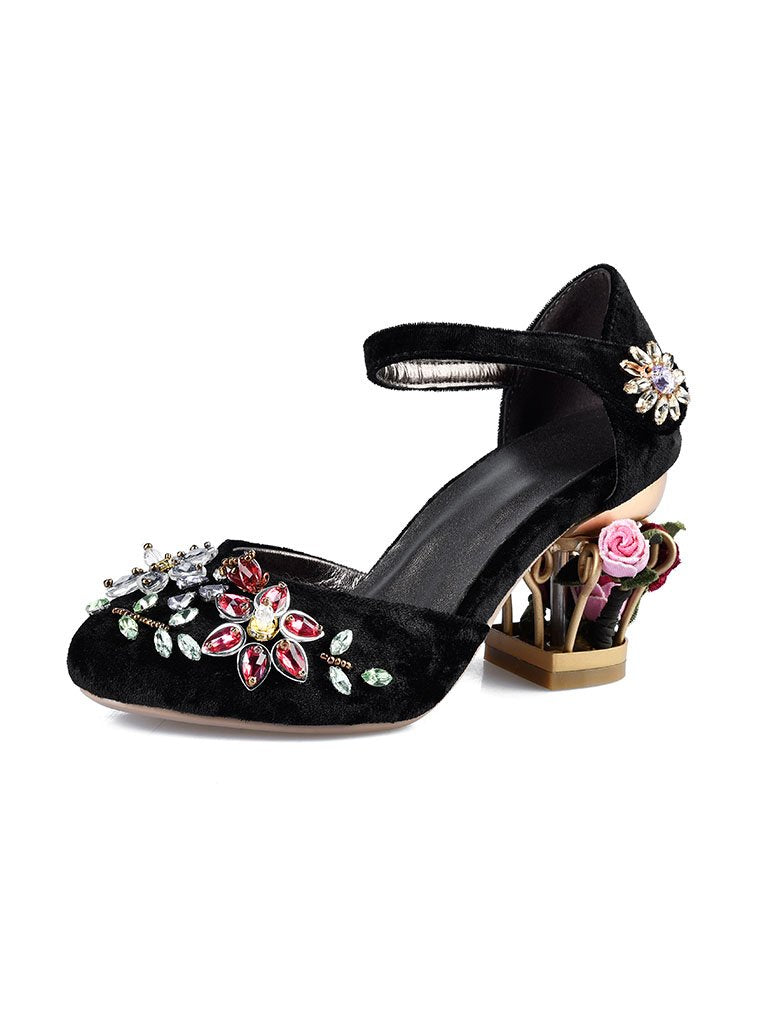 Luxury Womens Sheepskin Pointed Toe Flowers Rhinestones Mary Jane Vintage Pumps