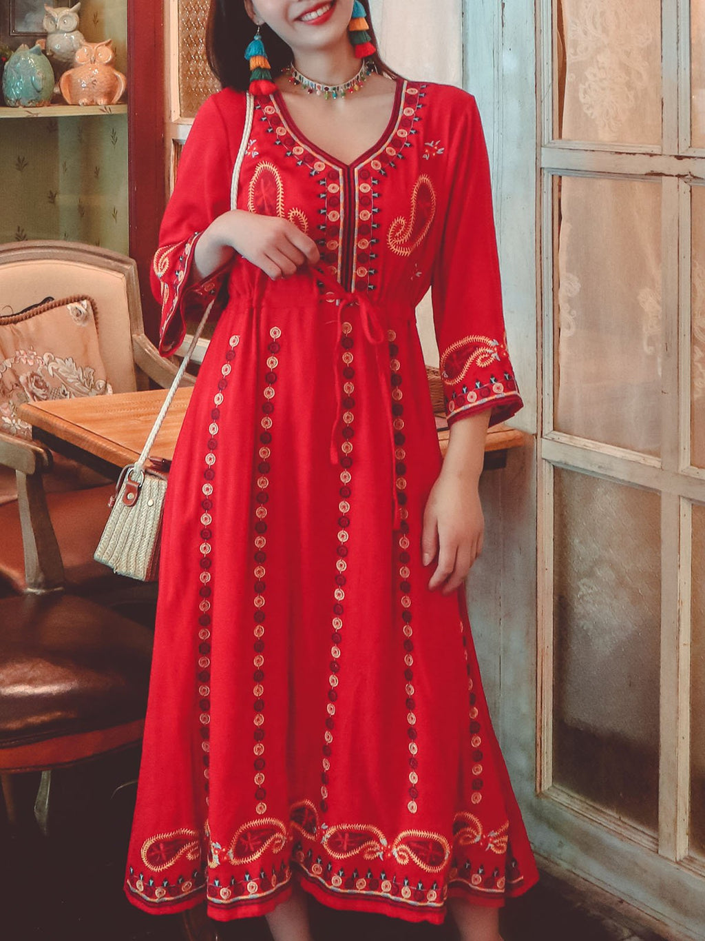 Bohemian Floral Embroidered V Neck 3/4 Flared Sleeves Boho Dress