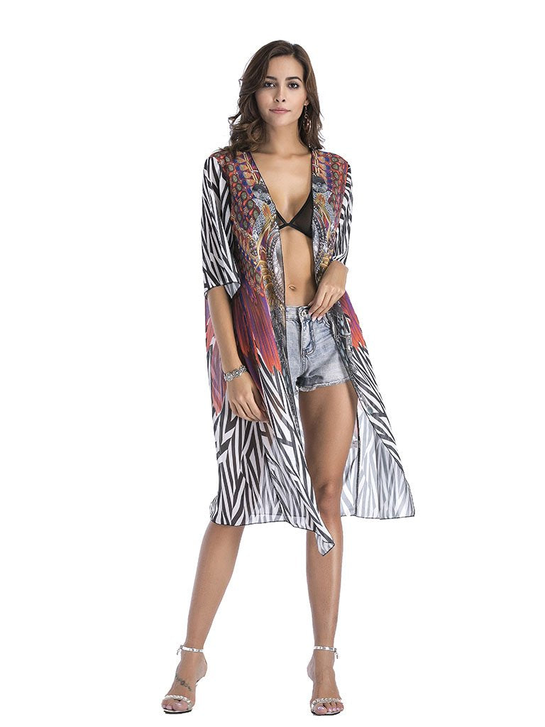 National Printed Long Kimono Cardigan Beach Tops Cover Ups