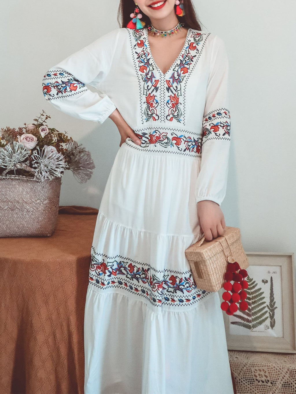 Jolly Vintage Embroidered Floral V Neck Long Sleeves Boho Maxi Cotton Dress