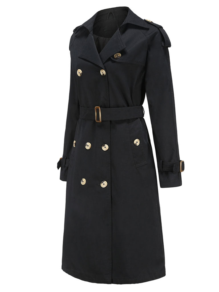Trench Coat Going out Fall Winter Turndown Collar Button Waisted Solid Color Long Coat