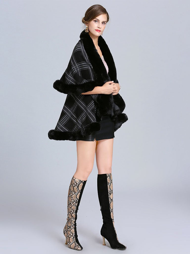 Poncho Wrap Faux Fur Collar Double Layer