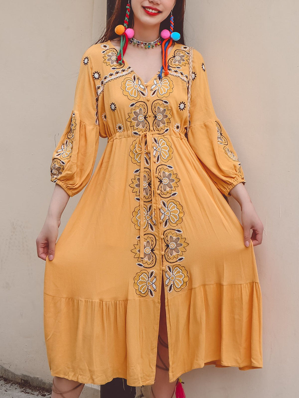 Bohemian Floral Embroidered V Neck 3/4 Sleeves Front Split Button Maxi Boho Dress