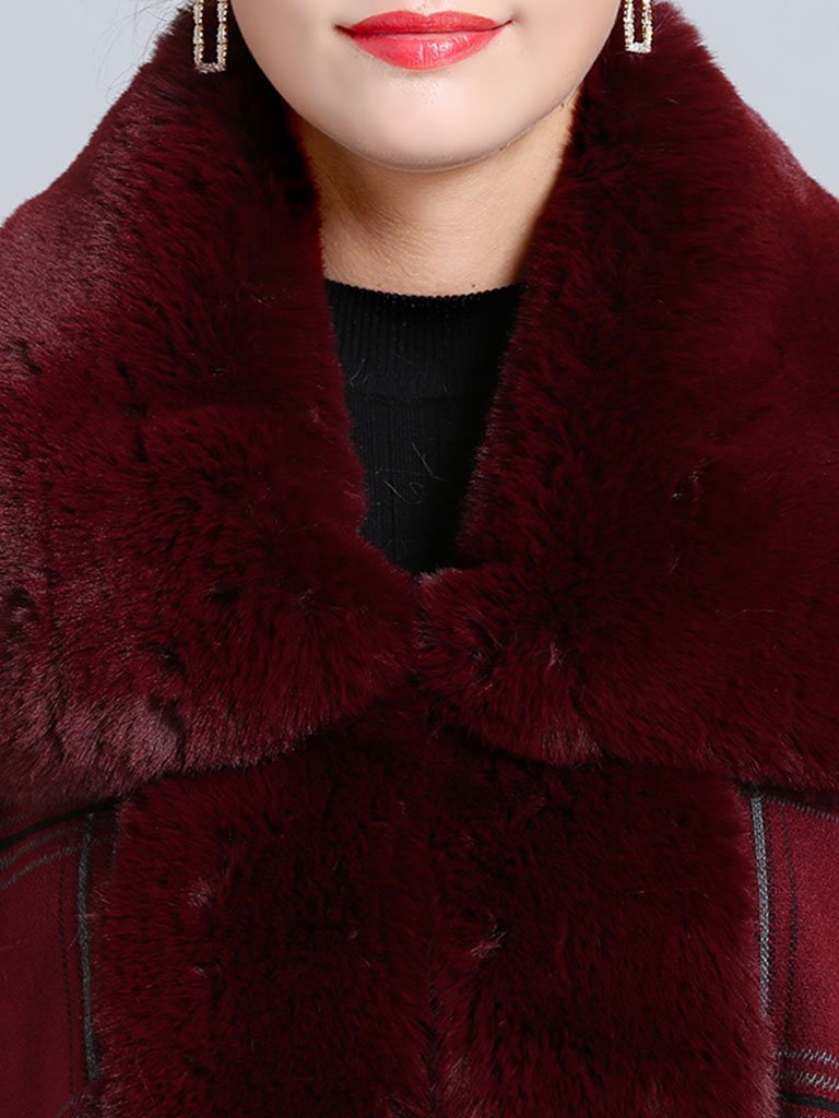 Plaid Poncho Sweater Faux Fur Coat Shawl Collar