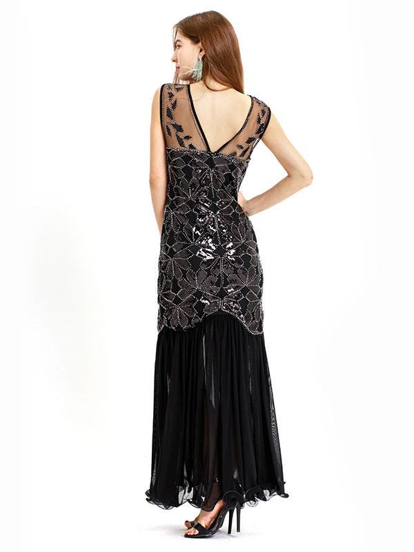 Black Gold 1920s Crew Neck Sequined Flapper Dres