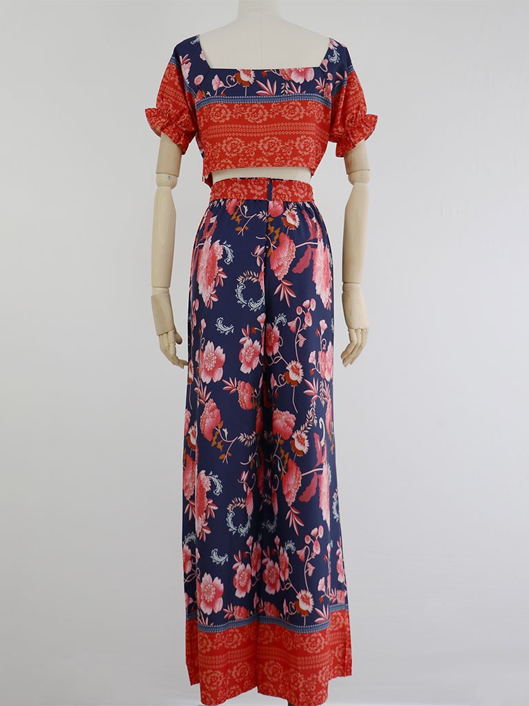 2 Pieces Boho Outfits Cropped Floral Printed Beach Wear For Women