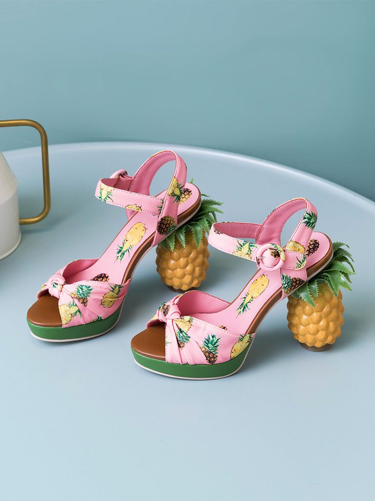 Fruit Heel Pineapple Print Platform Bow Vintage Sandals