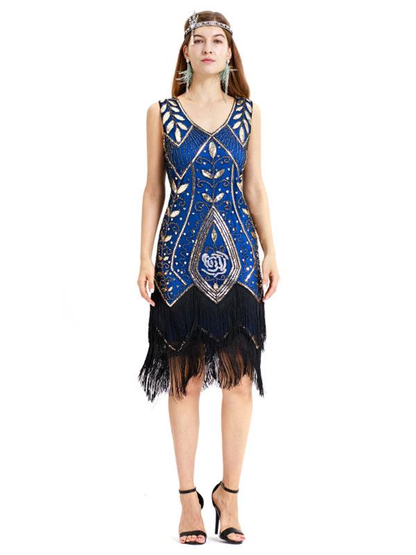 Wine Red 1920s V Neck Sequined Fringed Flapper Dres