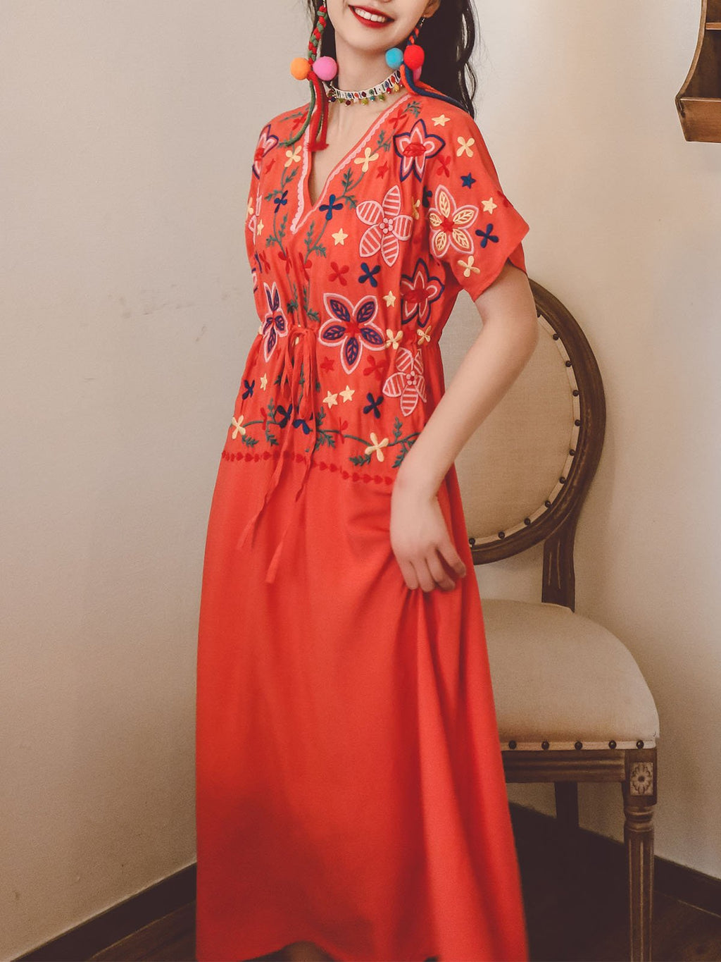 Jolly Vintage Bohemian V Neck Embroidered Floral Short Sleeve Boho Dress