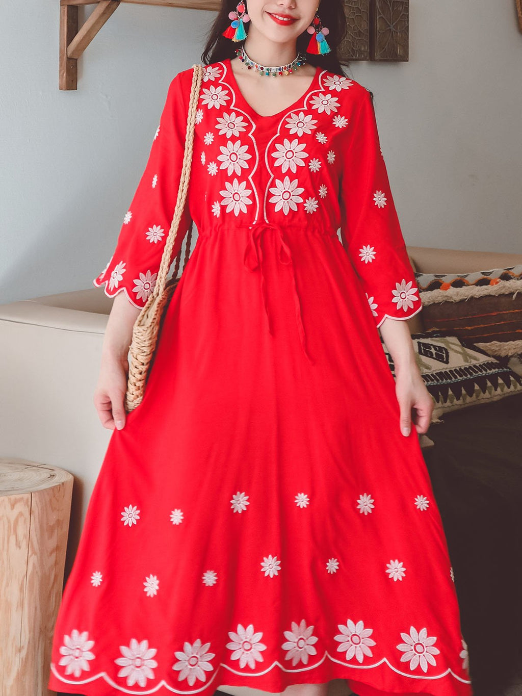 Jolly Vintage Embroidered Floral 3/4 Sleeves V Neck Boho Dress