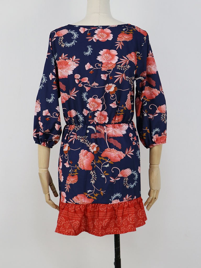 Boho Dress Floral Printed V Neck Beach Dress Half Sleeve