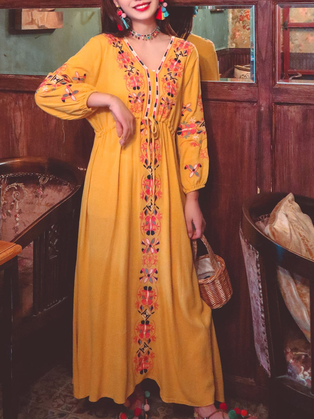 Bohemian Embroidered Floral V Neck Long Sleeve Cotton Boho Maxi Dress