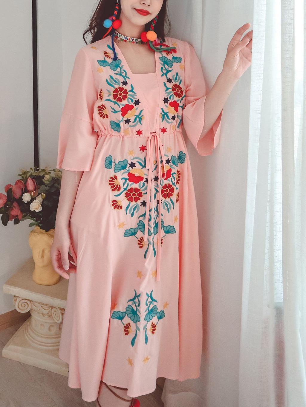 Cotton Embroidered Floral Square Neck Flared Half Sleeve Maxi Boho Dress