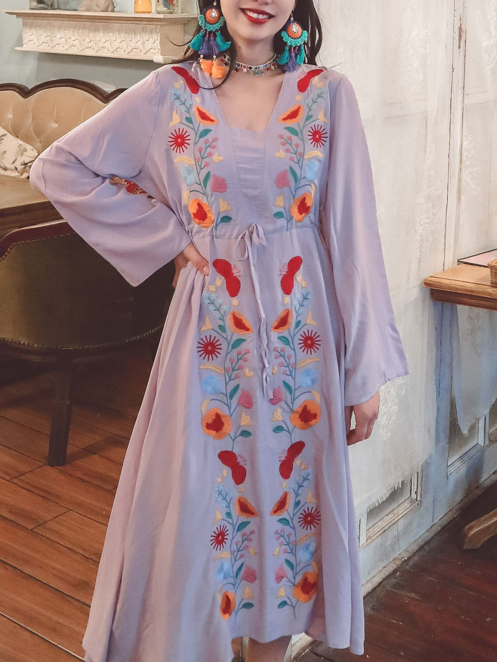 Jolly Vintage Embroidered Floral Long Sleeves Square Neck Boho Dress