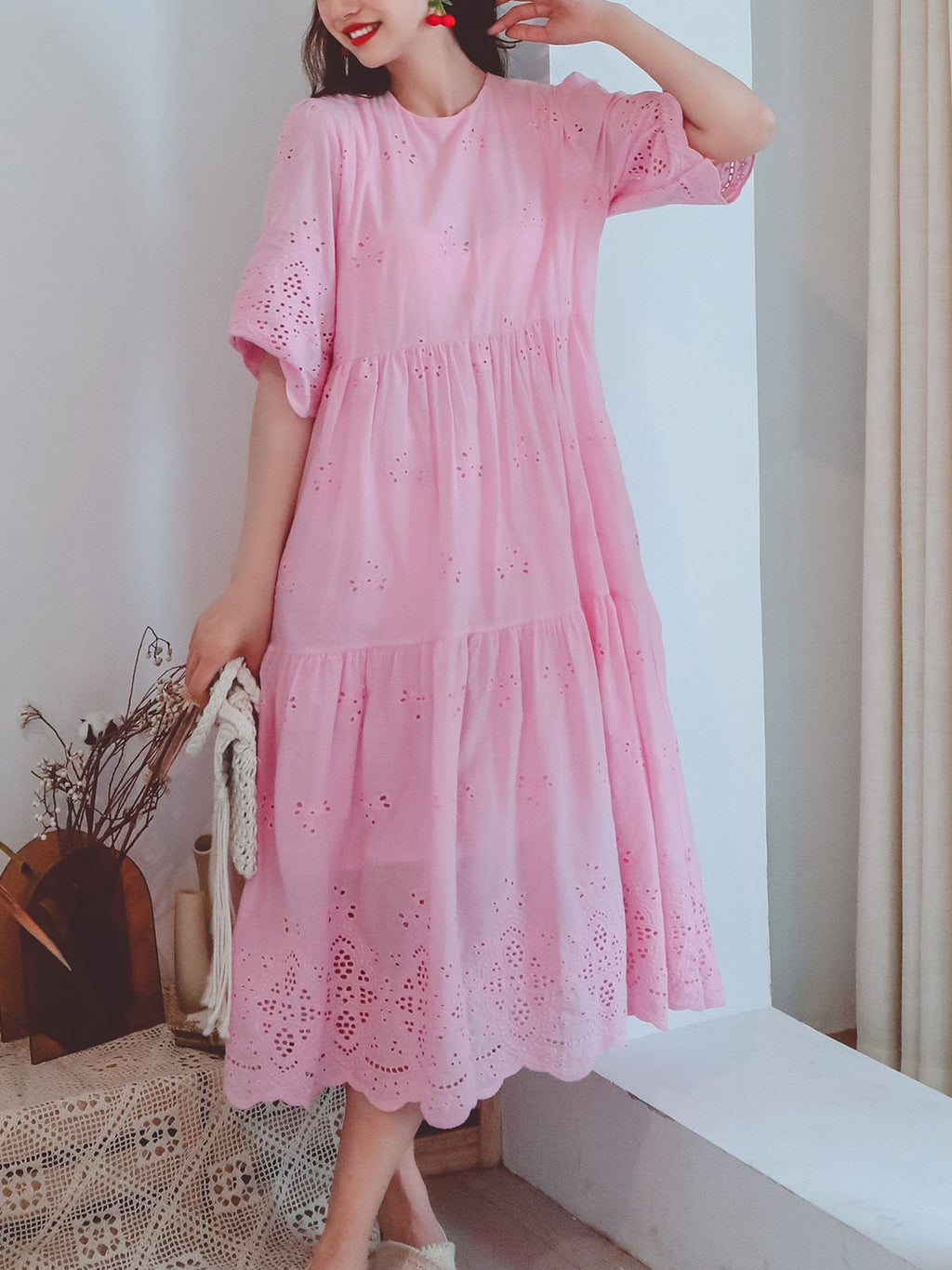 Jolly Vintage Embroidered Solid Backgrand Half Sleeves Boho Midi Dress