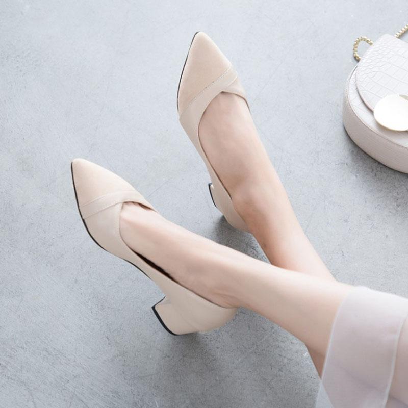 Heel Chunky Heel Pointed Cap-Toe PU Leather
