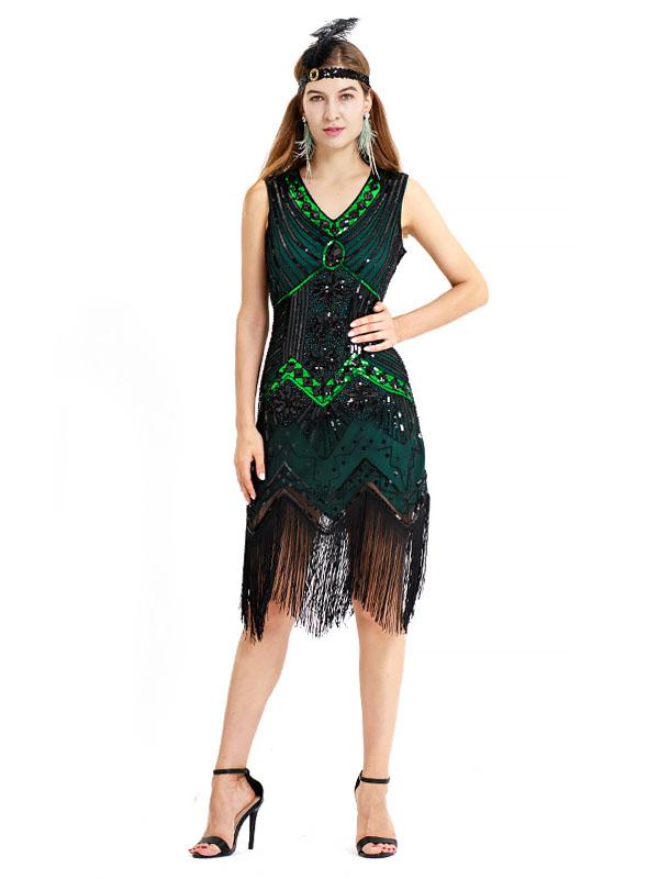 Black Silver 1920s V Neck Sequined Flapper Dres