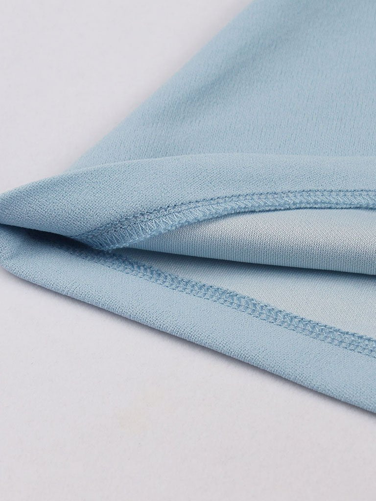 Baby Blue Tie Neck Short Sleeve Pleated A Line Cocktail Vintage Dress
