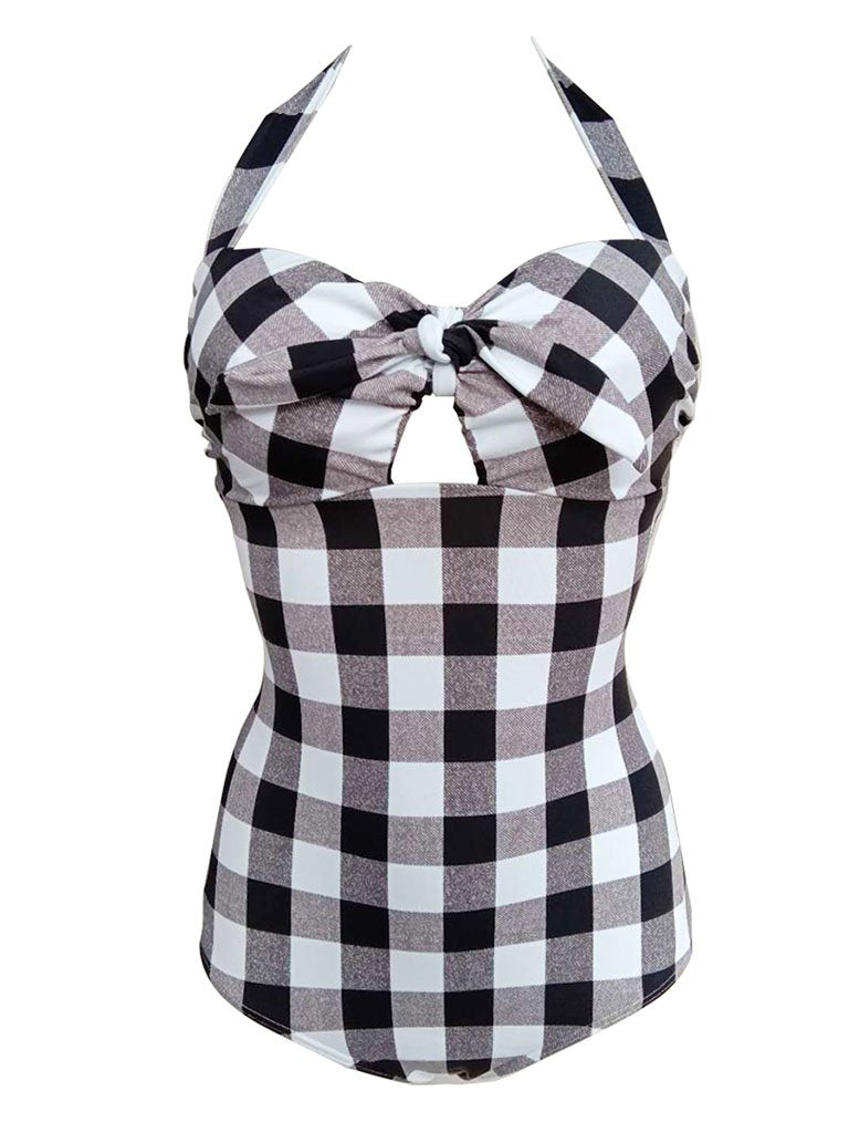 Elegant Type Retro Style Backless Plaid One Piece Swimsuit Bathing Suit