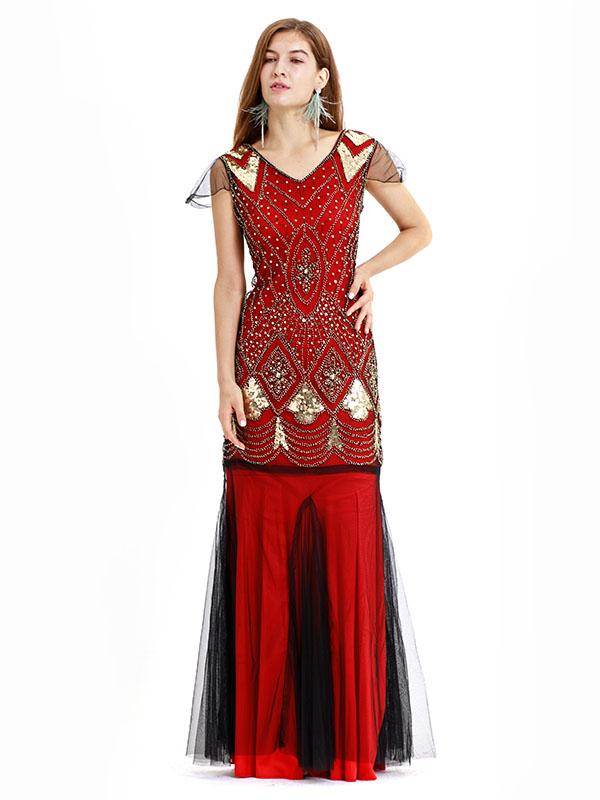 Green 1920s V Neck Sequined Long Flapper Dress