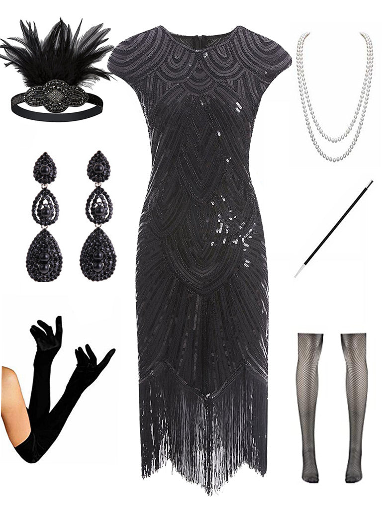 Pink Dress 20s 1920s Gatsby Sequined Fringed Flapper Dress Set