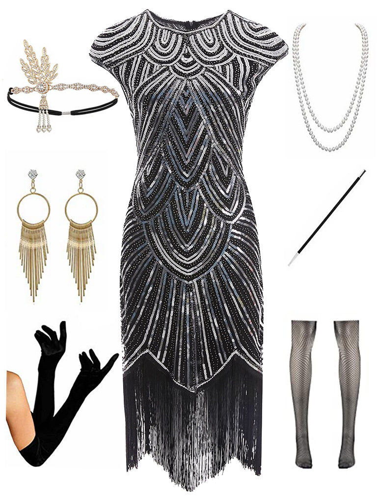 Pink Dress 20s 1920s Gatsby Sequined Fringed Flapper Dress Set
