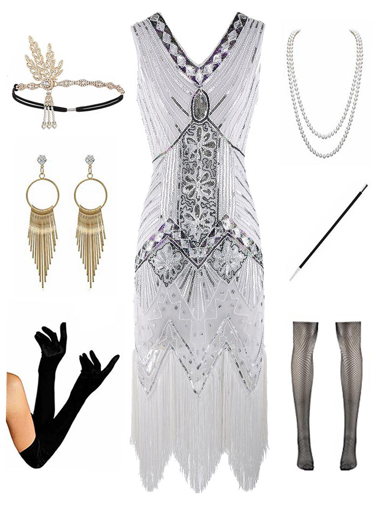 1920s  Sequined Fringed Gatsby Flapper Dress Set