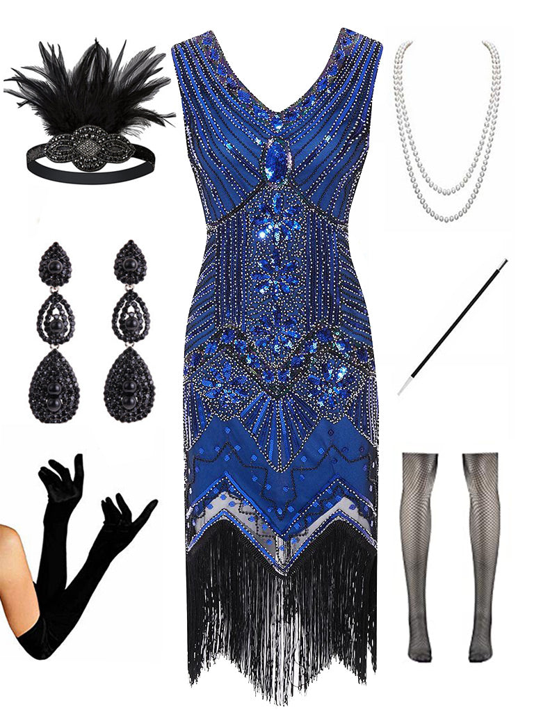 1920s  Sequined Fringed Gatsby Flapper Dress Set