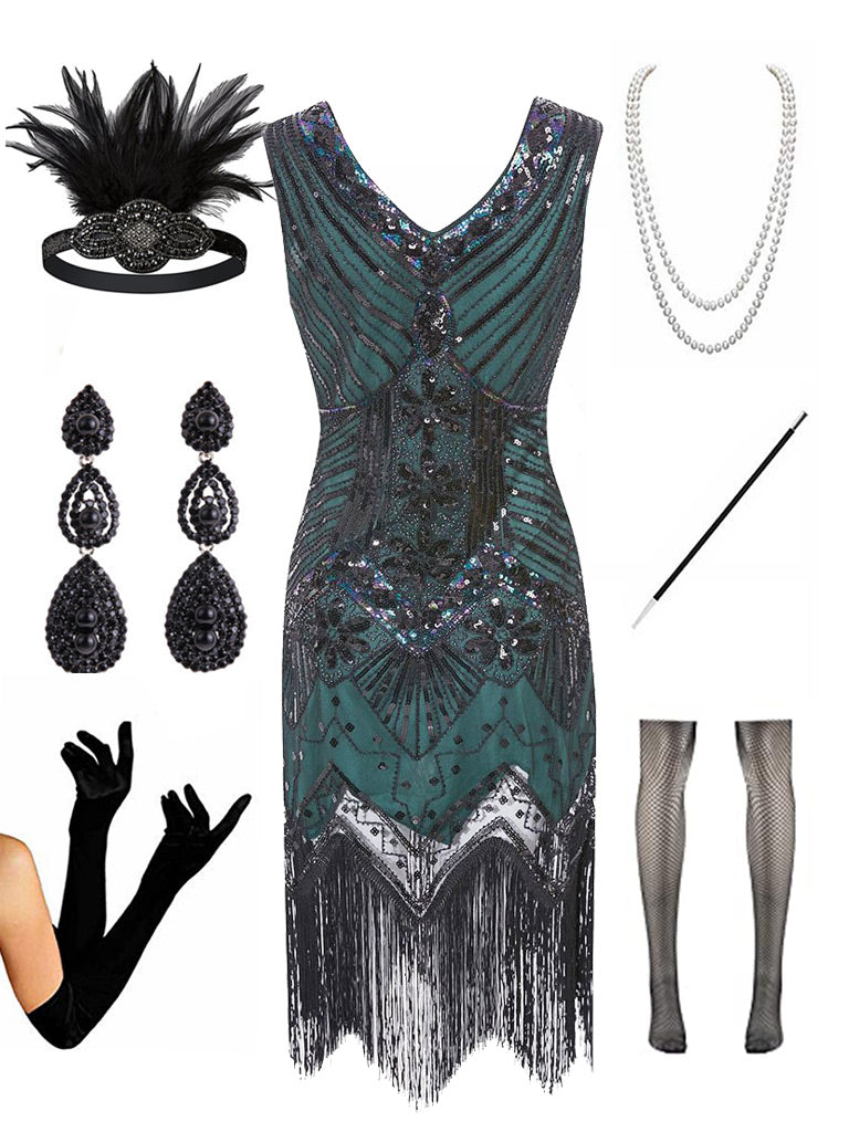 1920s  Sequined Fringed Gatsby Flapper Dress Set