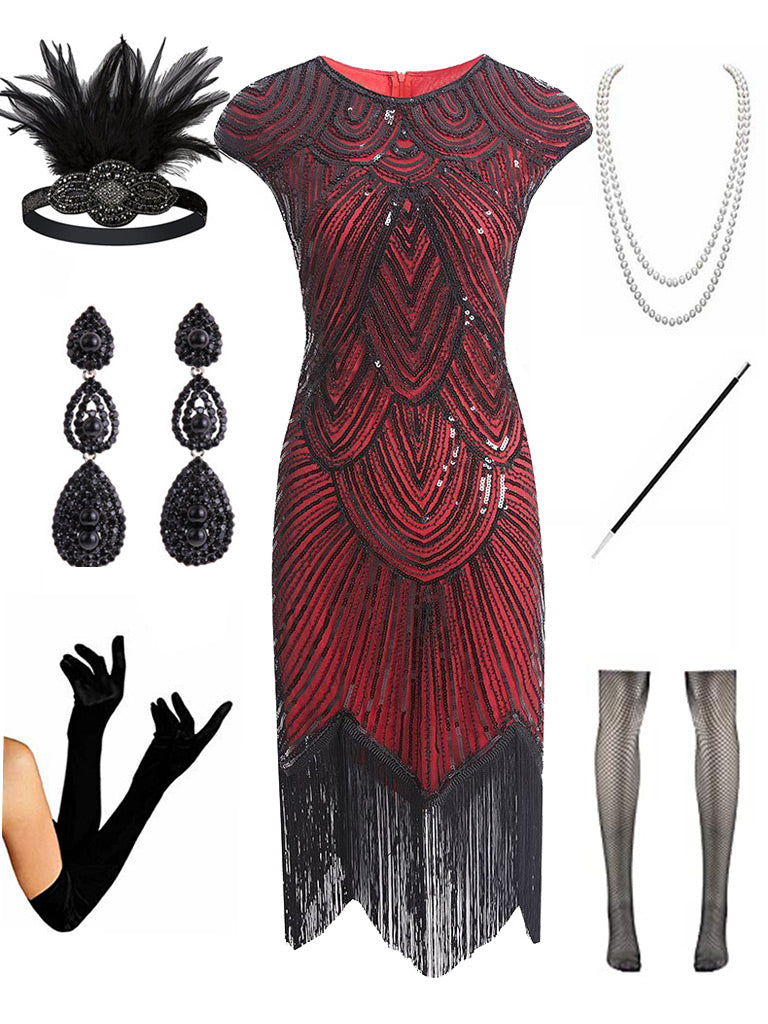 1920s Gatsby Sequined Fringed Flapper Dress Set